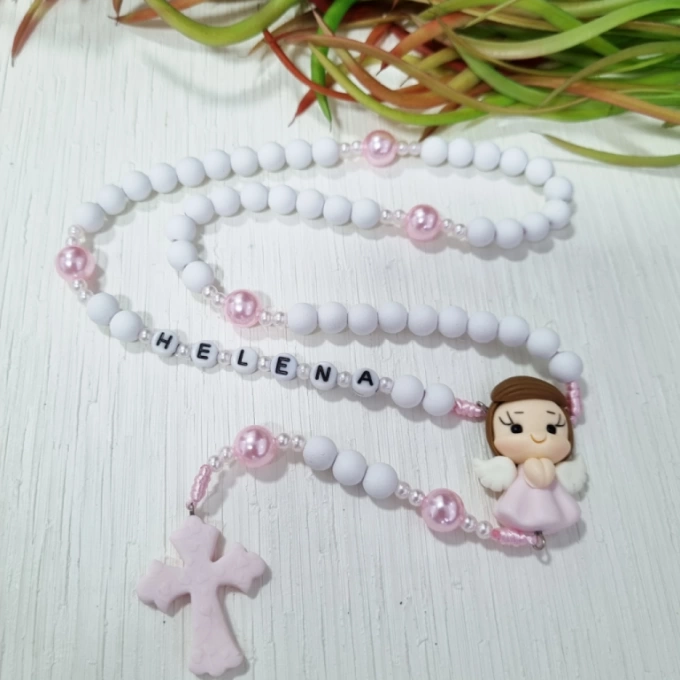 Terço Infantil personalizado rosa com nome