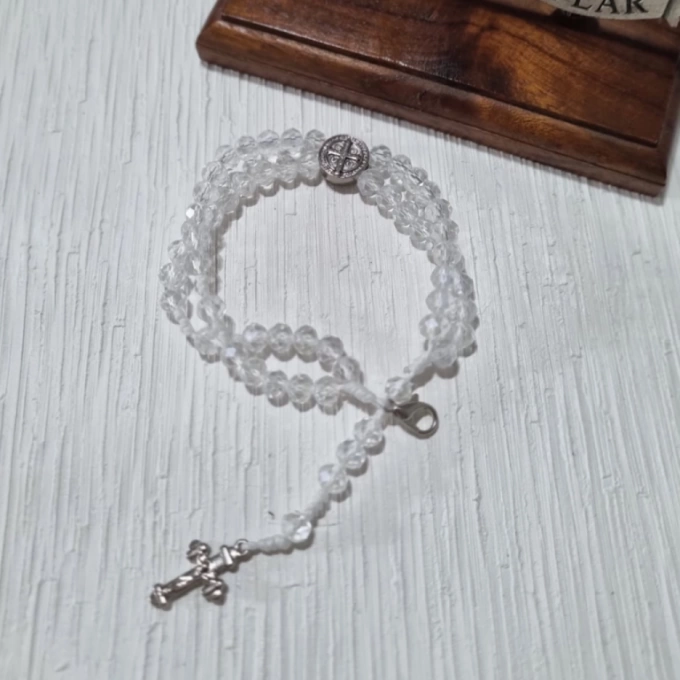 Pulseira terço cristal e prata São Bento
